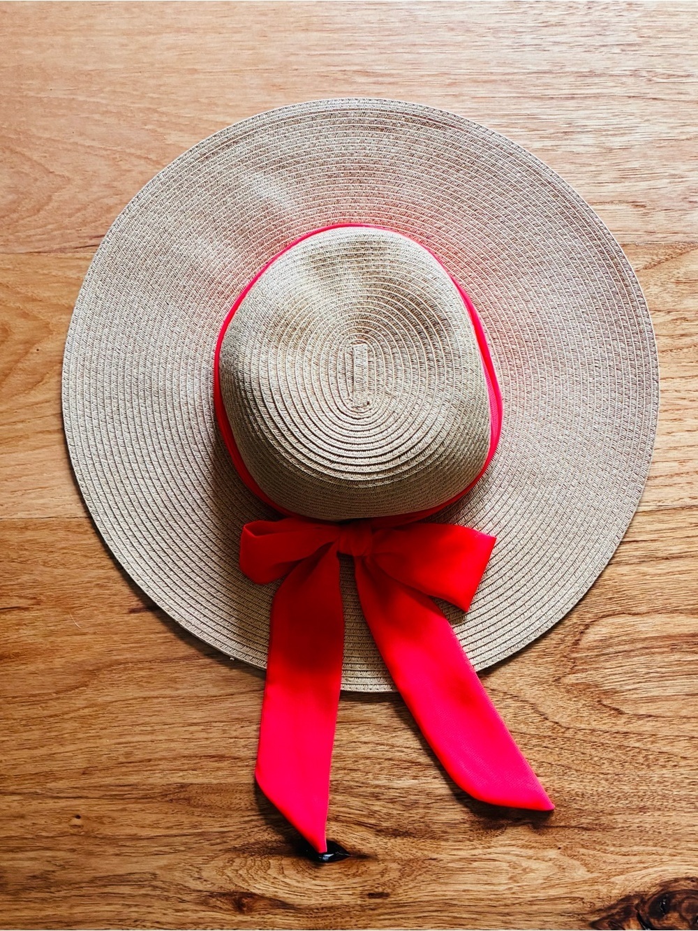 Haute Hippie Wide Brim Straw Sun Hat coral hot pink chiffon Ribbon Bow bohemian